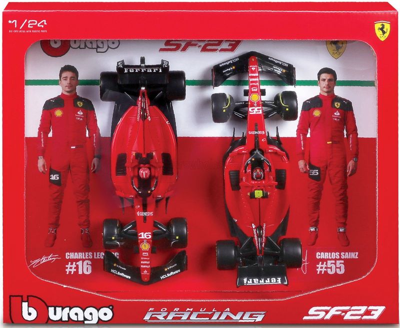 1:24 Bburago - Ferrari Set F1 x2 SF-23 Team Scuderia Ferrari #16 Season 2023 C. Leclerc & #55 C. Saint 1:24 Bburago - Ferrari Set F1 x2 SF-23 Team Scuderia Ferrari #16 Season 2023 C. Leclerc & #55 C. Saint