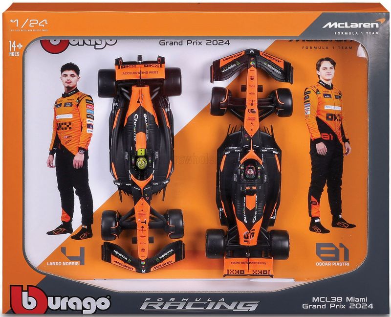 1:24 Bburago - McLaren Set F1 x2 MCL38 Team McLaren #4 Season 2024 L. Norris & #81 O. Piastri