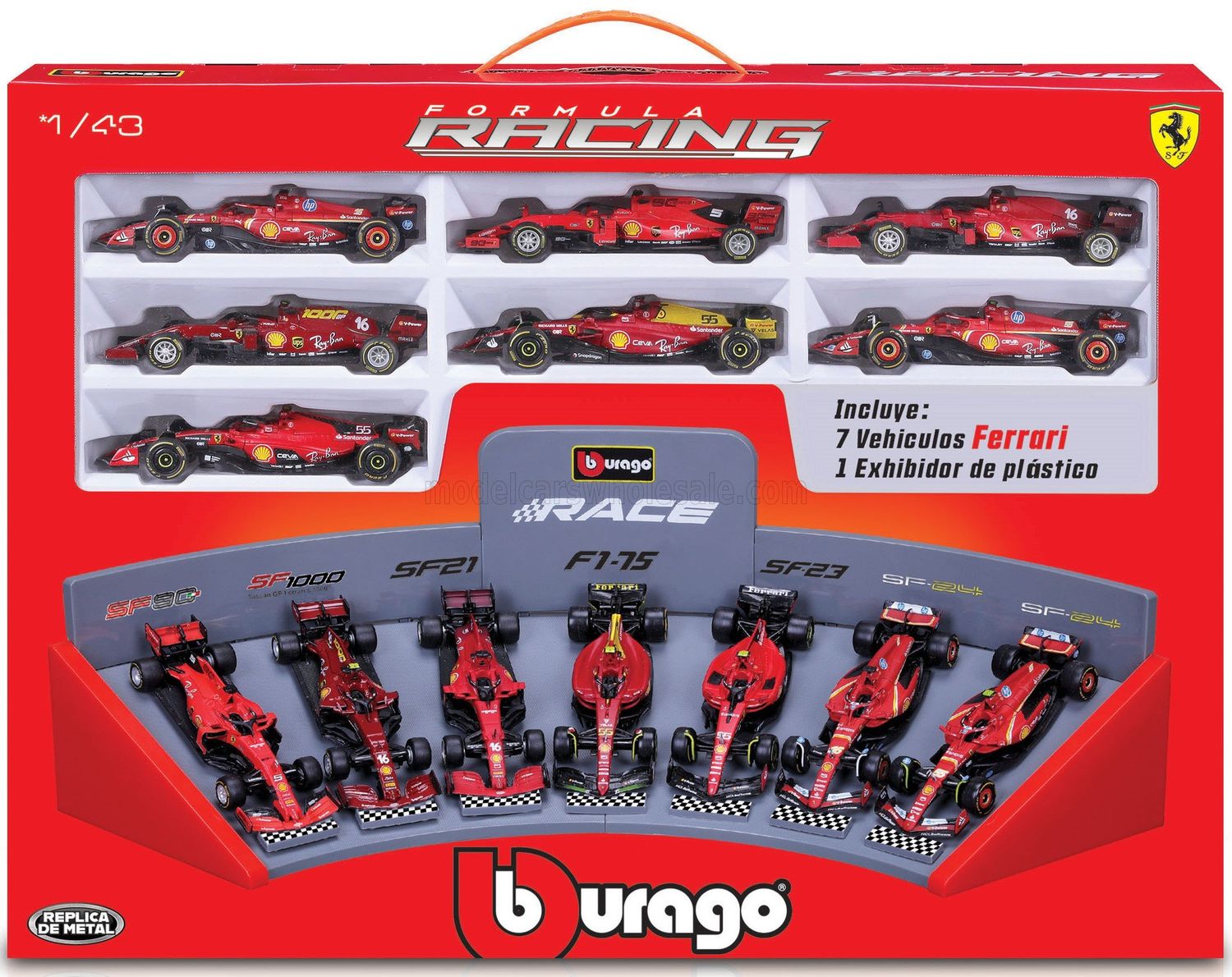 1:43 Bburago - Ferrari Set F1 x7 Team Scuderia Ferrai #5 S. Vettel - SF1000 #16 2020 - SF21 #16 Season 2021 - SF-75 #55 2022 - SF-23 #55 2023 - SF-24 #16 2024 C. Leclerc & #55 C. Sainz
