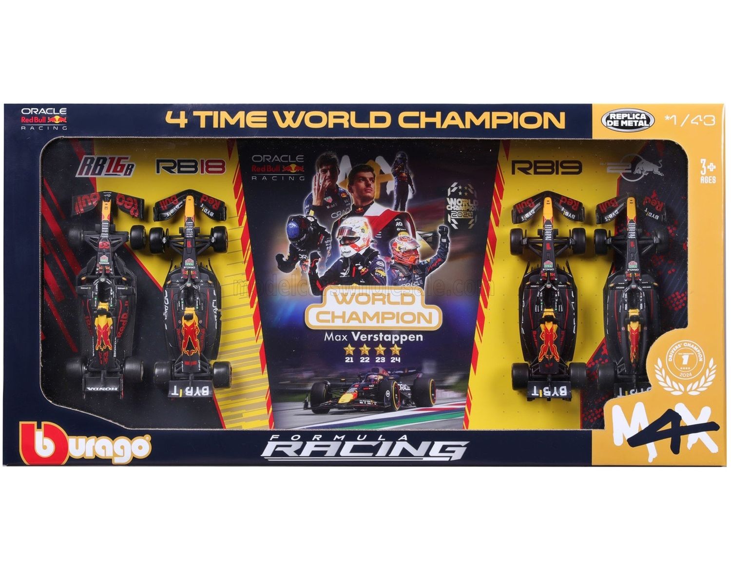 1:43 Bburago - Red Bull Set F1 x4 Time World Champion - RB16B #33 Season 2021 - RB18 #1 Season 2022 - RB19 #1 Season 2023 - RB20 #1 Season 2024 M. Verstappen