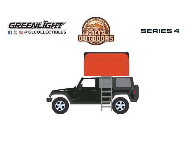 1:64 Greenlight - 2008 Jeep Wrangler Unlimited Rubicon *The Great Outdoors Series 4*, dark charcoal with Modern Rooftop Camper