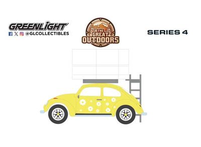 1:64 Greenlight - Classic Volkswagen Beetle *Flower Power* with Camp'otel Cartop Sleeper Tent *The Great Outdoors Series 4*,yellow