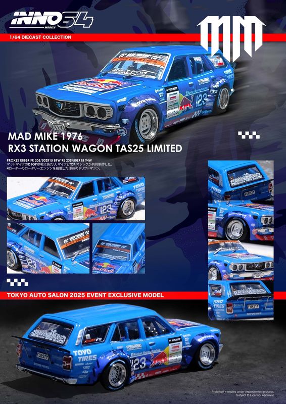 1:64 Inno64 - 1976 Mazda RX3 *Mad Mike* Station Wagen D1GP Series 2024, blue