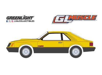 1:64 Greenlight - 1979 Ford Mustang Cobra Fastback *GL Muscle Series 30*, Bright yellow with black and red Cobra Hood Graphics and stripe treatment