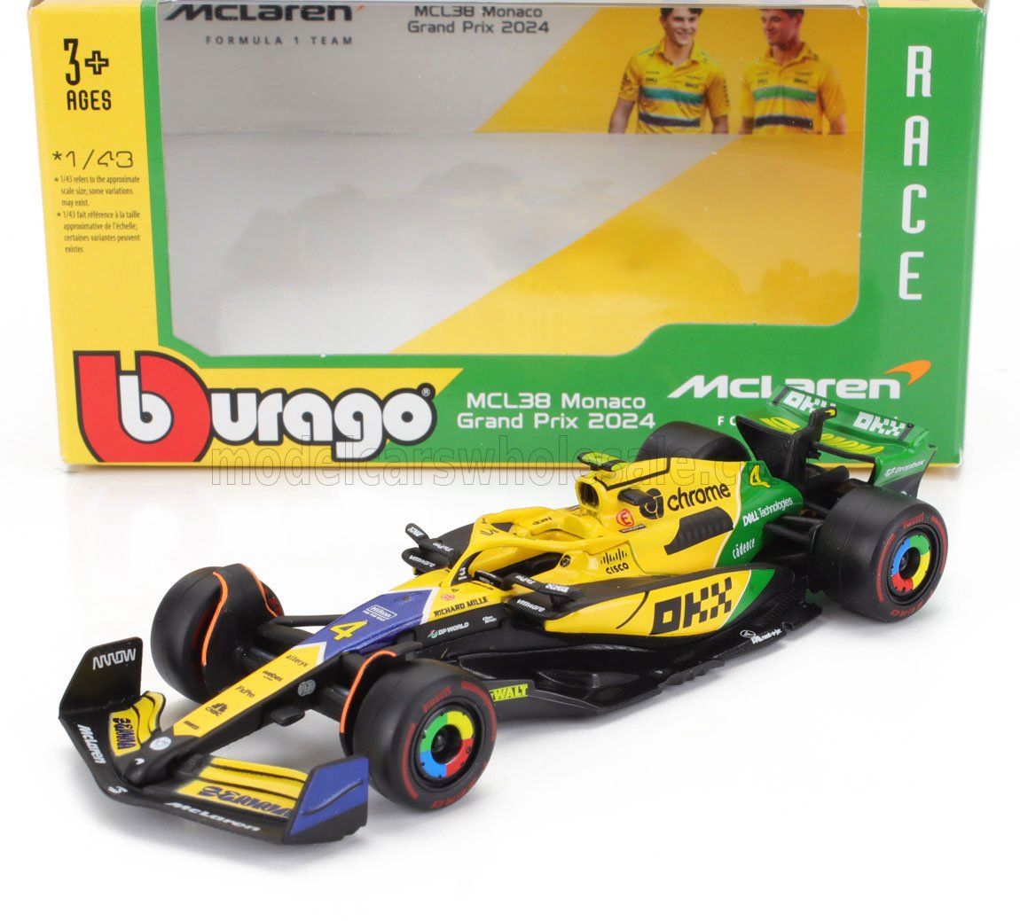 1:43 Bburago - McLaren F1 MCL38 Mercedes Team McLaren #4 4th Monaco GP (Senna 30th Anniversary) 2024 Lando Norris