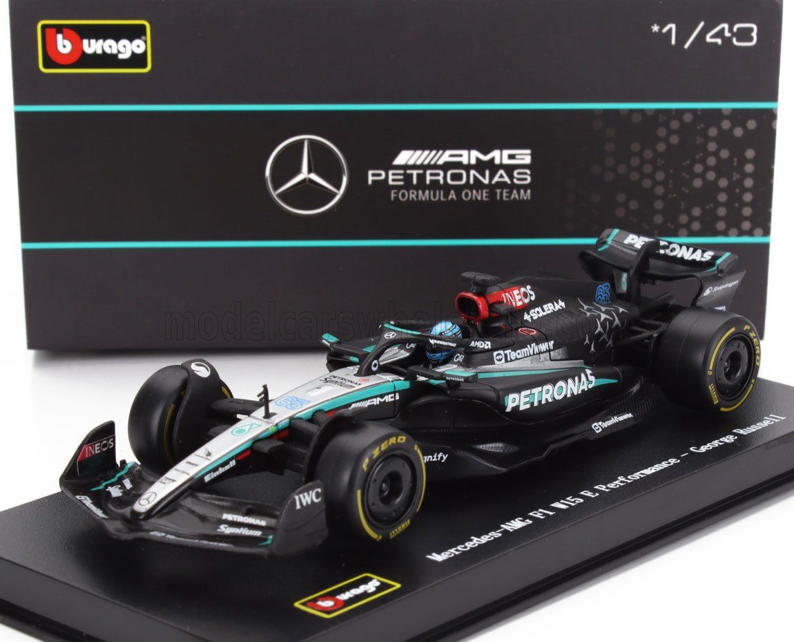 1:43 Bburago Signature - Mercedes GP F1 W15 EQ Performace Team AMG Petronas Motorsprt #63 Season 2024 George Russel - Mit Fahrer & Vitrine