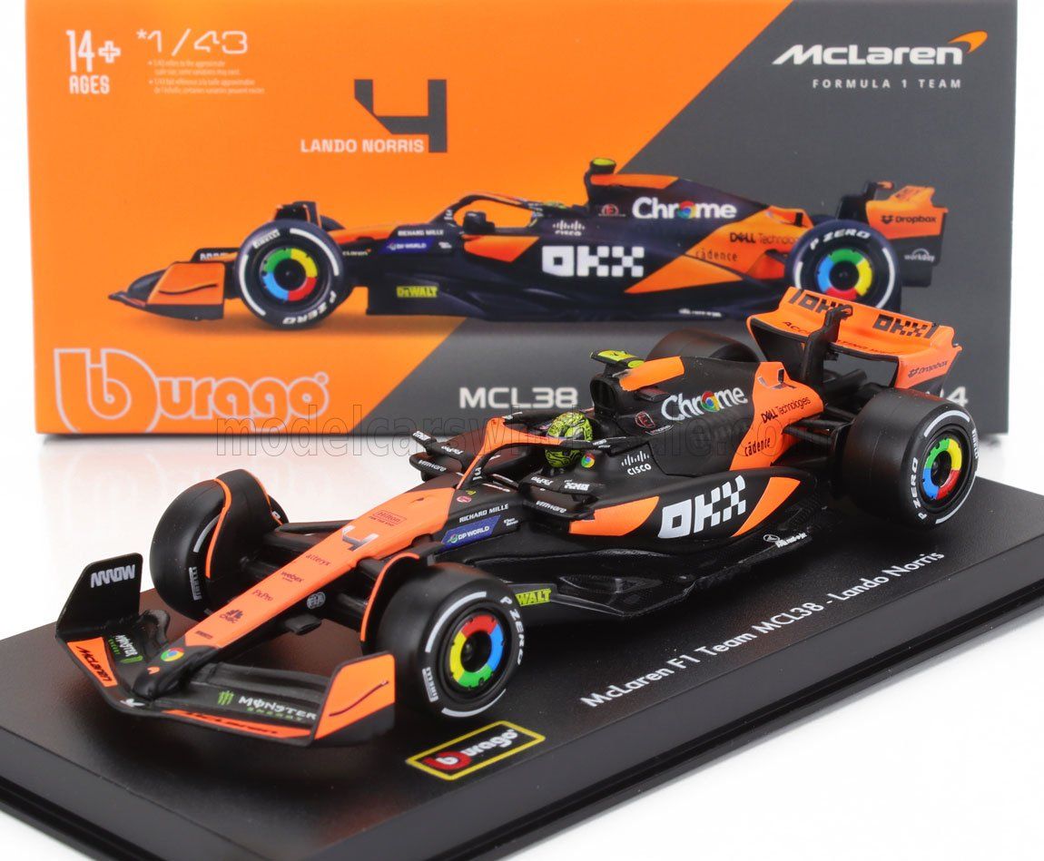 1:43 Bburago Signature - McLaren F1 MCL38 Mercedes Team McLaren #4 Season 2024 Lando Norris - Mit Fahrer & Vitrine