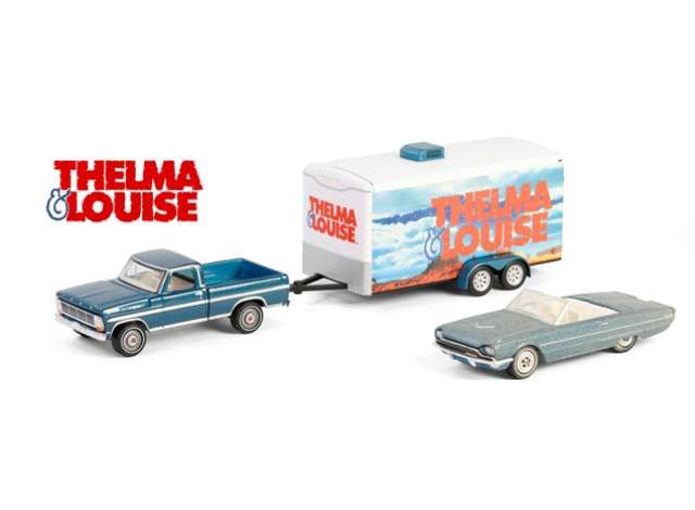 1:64 Greenlight - 1966 Ford Thunderbird Convertible –Dust Covered (Top-down) with 1967 Ford F-250 & Enclosed Car Hauler Thelma & Louise (1991) *Hollywood Hitch & Tow Series 13*