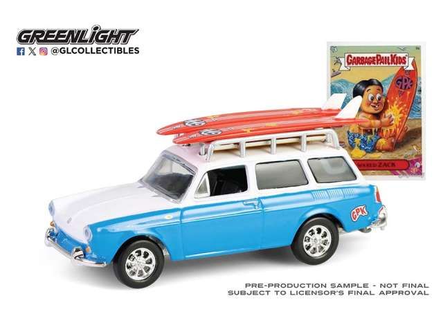 1:64 Greenlight - 1961 Volkswagen Type 3 Squareback with Roof Rack and Surfboards- Waxed Zack *Garbage Pail Kids Series 7*, blue/white