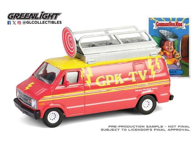 1:64 Greenlight - 1976 Dodge B-100 with Roof Mounted Satellite Dish (Dish Grace) *Garbage Pail Kids Series 7*, red/yellow