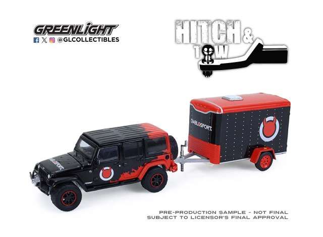 1:64 Greenlight - 2012 Jeep Wrangler Unlimited with Small Cargo Trailer– Diablo Sport *Hitch & Tow Series 33*
