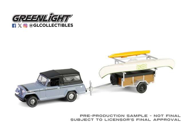 1:64 Greenlight - 1968 Jeep Jeepster Commando SC-1 with Canoe Trailer, Canoe Rack, Canoe and Kayak *Hitch & Tow Series 32*, grey