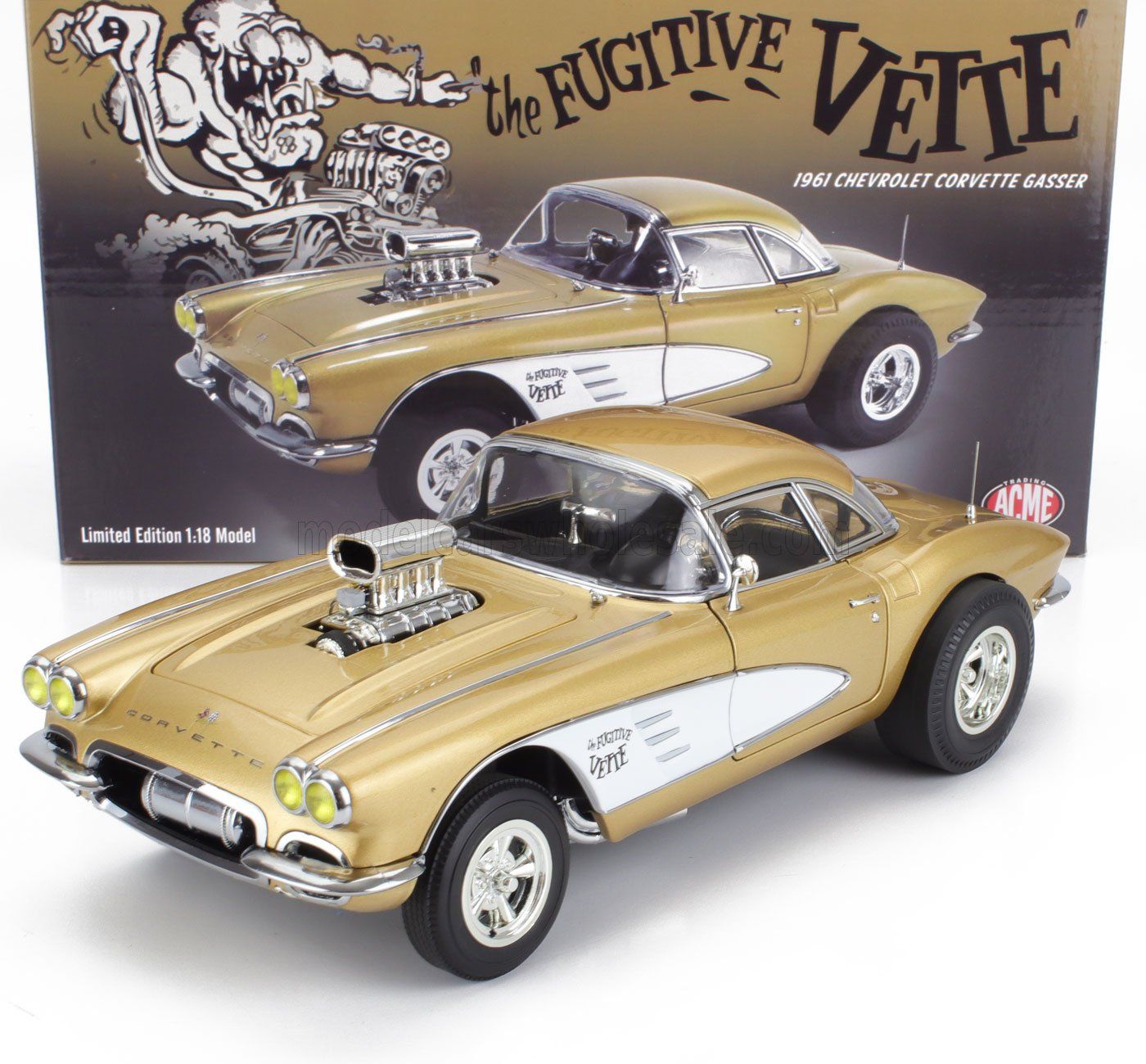 1:18 ACME - 1961 Chevrolet Corvette Gasser - Rat Fink's The Fugitive Vette Gold Metallic