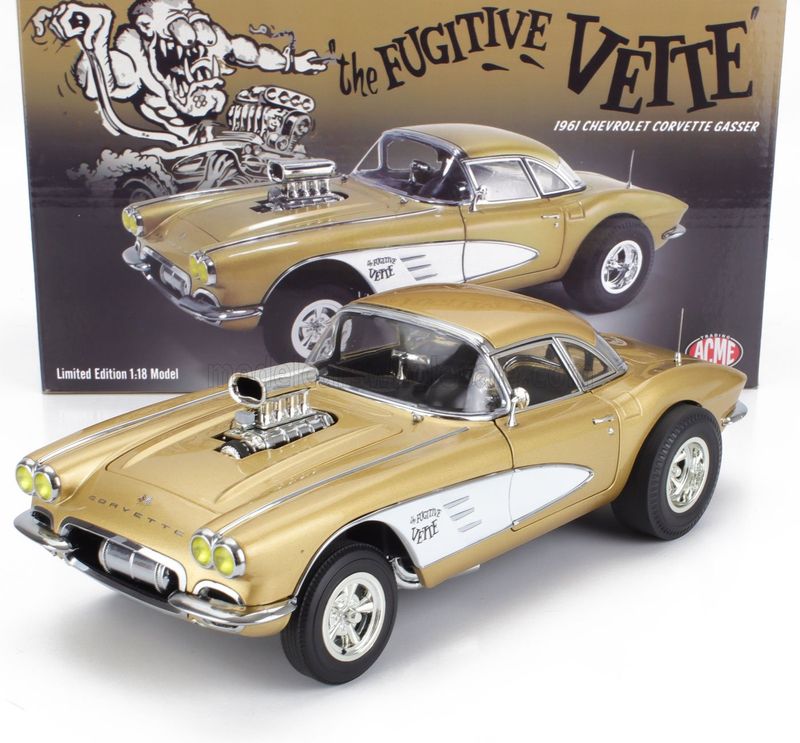 1:18 ACME - 1961 Chevrolet Corvette Gasser - Rat Fink's The Fugitive Vette Gold Metallic 1:18 ACME - 1961 Chevrolet Corvette Gasser - Rat Fink's The Fugitive Vette Gold Metallic