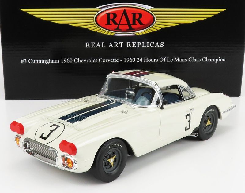 1:18 ACME - #3 Cunningham 1960 Chevrolet Corvette - 1960 24 Hours of Le Mans Class Champion White with Blue Stripes 1:18 ACME - #3 Cunningham 1960 Chevrolet Corvette - 1960 24 Hours of Le Mans Class Champion White with Blue Stripes