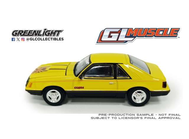 1:64 Greenlight - 1979 Ford Mustang Cobra Fastback *GL Muscle Series 30*, Bright yellow with black and red Cobra Hood Graphics and stripe treatment