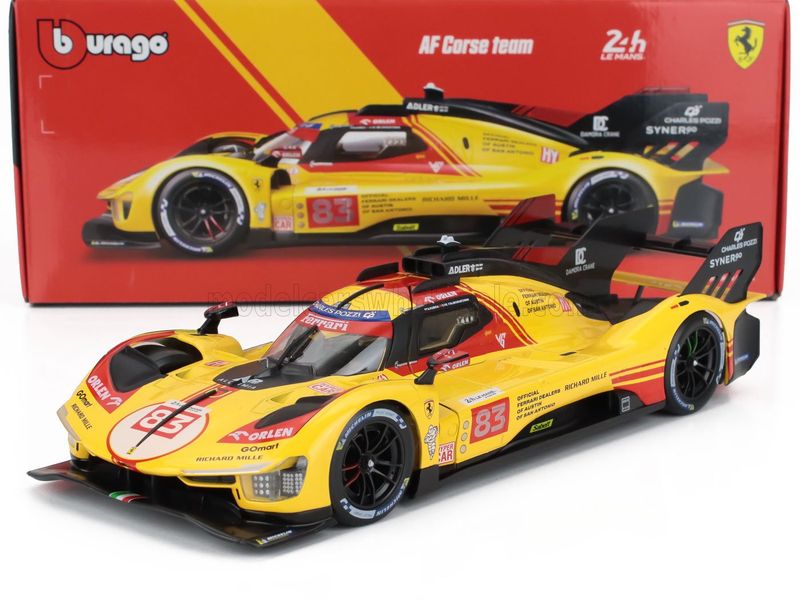 1:18 Bburago - Ferrari 499P 3.0L Turbo V6 Team AF Corse #83 24h Le Mans 2024 Robert Kubica -Robert Shwartzman - Yifei Ye - Yellow 1:18 Bburago - Ferrari 499P 3.0L Turbo V6 Team AF Corse #83 24h Le Mans 2024 Robert Kubica -Robert Shwartzman - Yifei Ye - Yellow