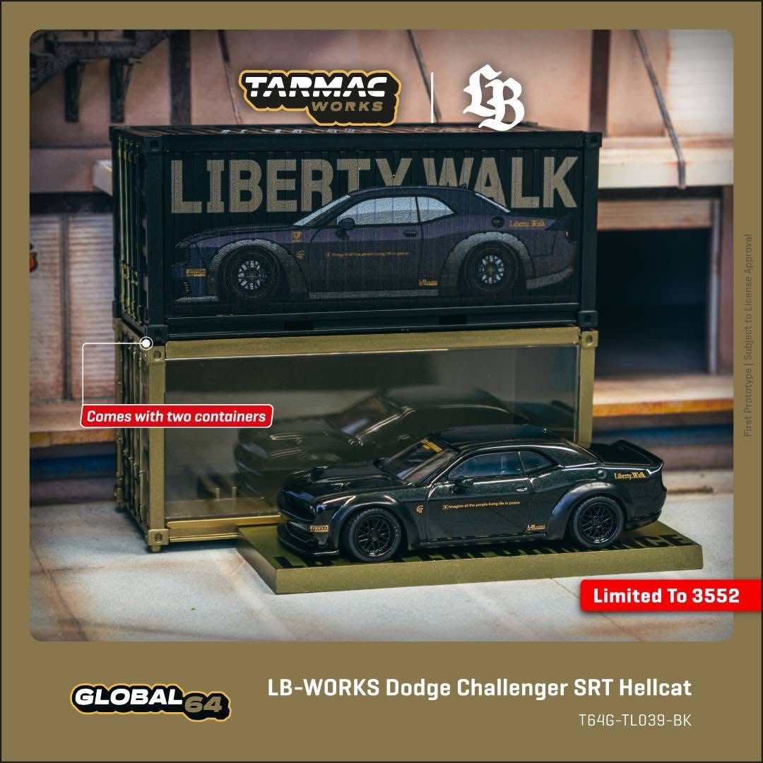 1:64 Tarmac - Dodge Challenger SRT Hellcat *LB-WORKS* with 2 containers, black metallic