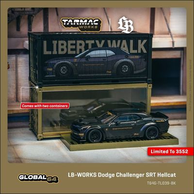 1:64 Tarmac - Dodge Challenger SRT Hellcat *LB-WORKS* with 2 containers, black metallic 1:64 Tarmac - Dodge Challenger SRT Hellcat *LB-WORKS* with 2 containers, black metallic