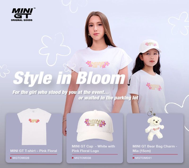 Mini GT Merchandise - T-shirt - Pink Floral, white *Junior (kid size 8)* Mini GT Merchandise - T-shirt - Pink Floral, white *Junior (kid size 8)*
