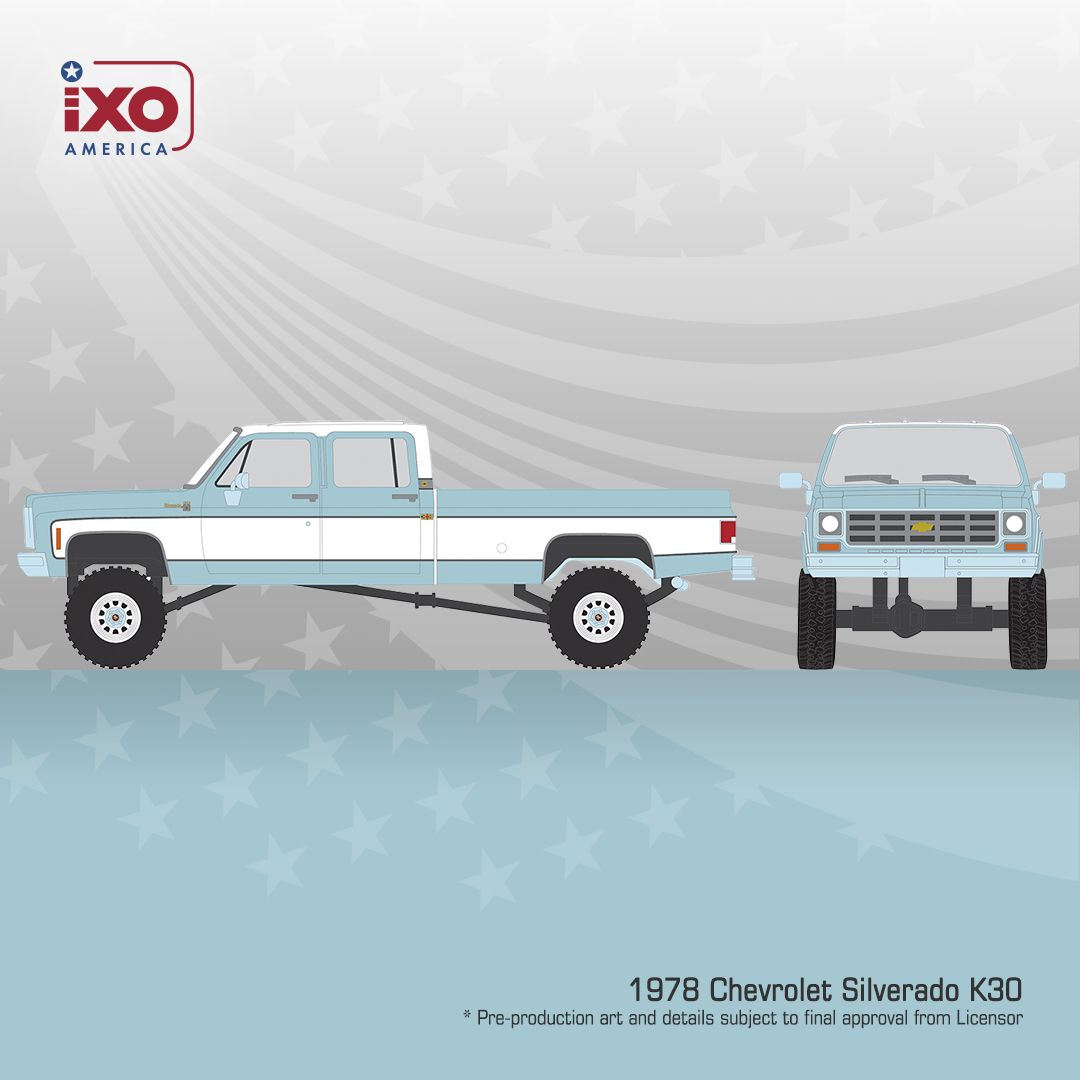 1:64 Ixo USA - 1978 Chevrolet Silverado K30 Crew Cab Fleetside Lifted, blue/white