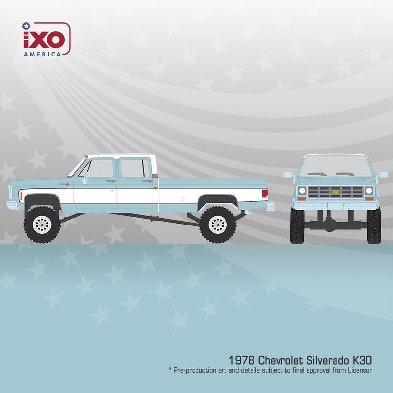 1:64 Ixo USA - 1978 Chevrolet Silverado K30 Crew Cab Fleetside Lifted, blue/white 1:64 Ixo USA - 1978 Chevrolet Silverado K30 Crew Cab Fleetside Lifted, blue/white