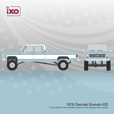1:64 Ixo USA - 1978 Chevrolet Silverado K30 Crew Cab Fleetside Lifted, blue/white 1:64 Ixo USA - 1978 Chevrolet Silverado K30 Crew Cab Fleetside Lifted, blue/white