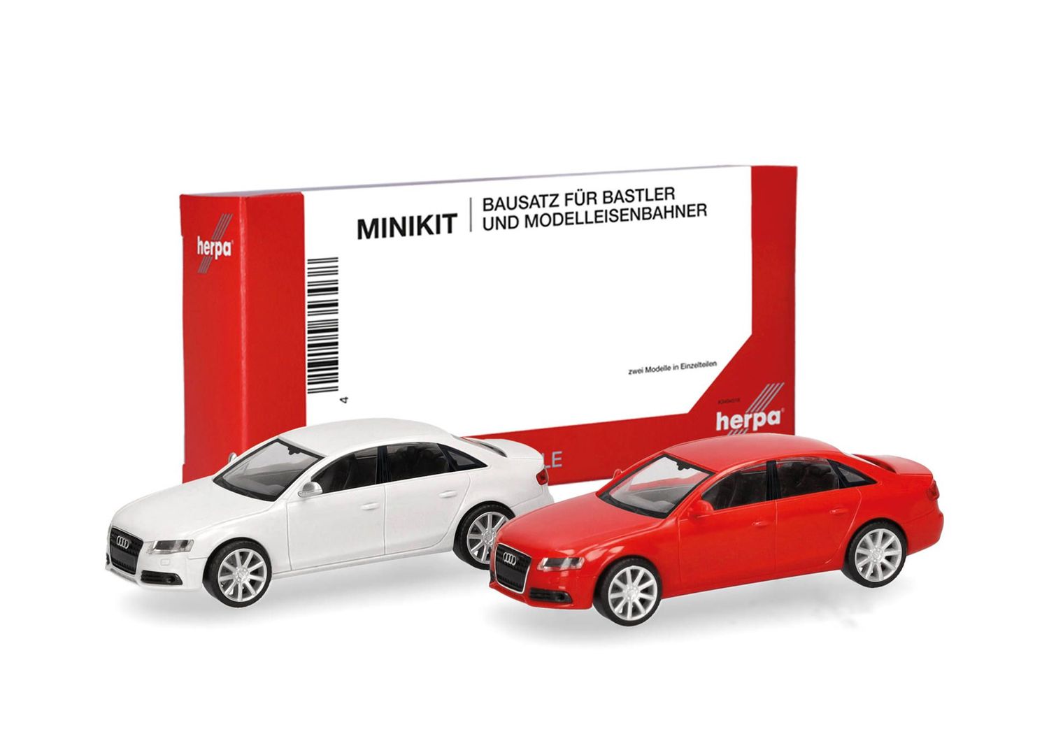 1:87 Herpa - Herpa MiniKit: Audi A4 Limousine, weiß/rot, 2 Stück