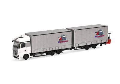 1:87 Herpa - Mercedes-Benz Actros Jumbogardinenplanentandem-Hängerzug mit Stapler 1:87 Herpa - Mercedes-Benz Actros Jumbogardinenplanentandem-Hängerzug mit Stapler "Wilkening"