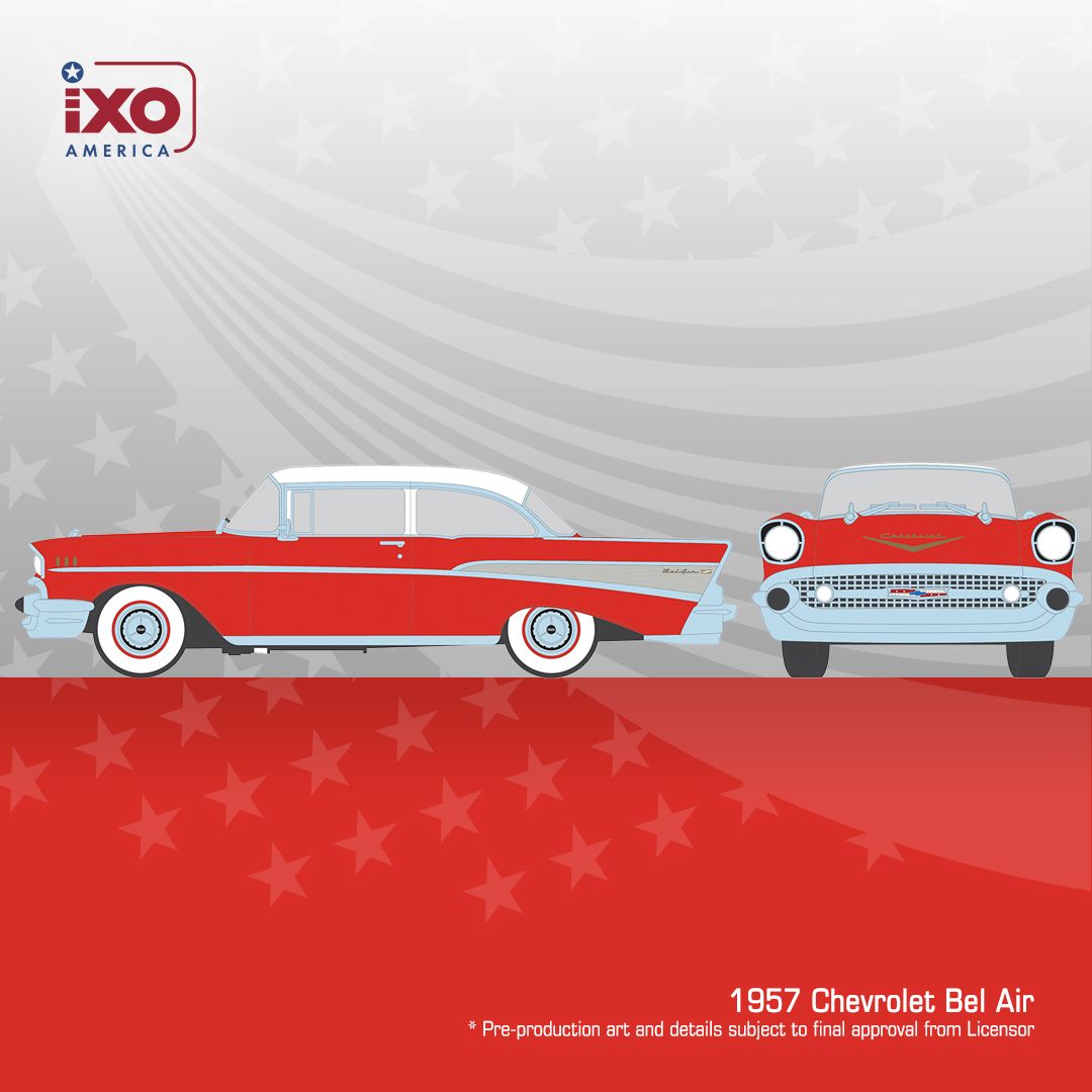 1:64 Ixo USA - 1957 Chevrolet Bel Air Sedan, matador red/india ivory