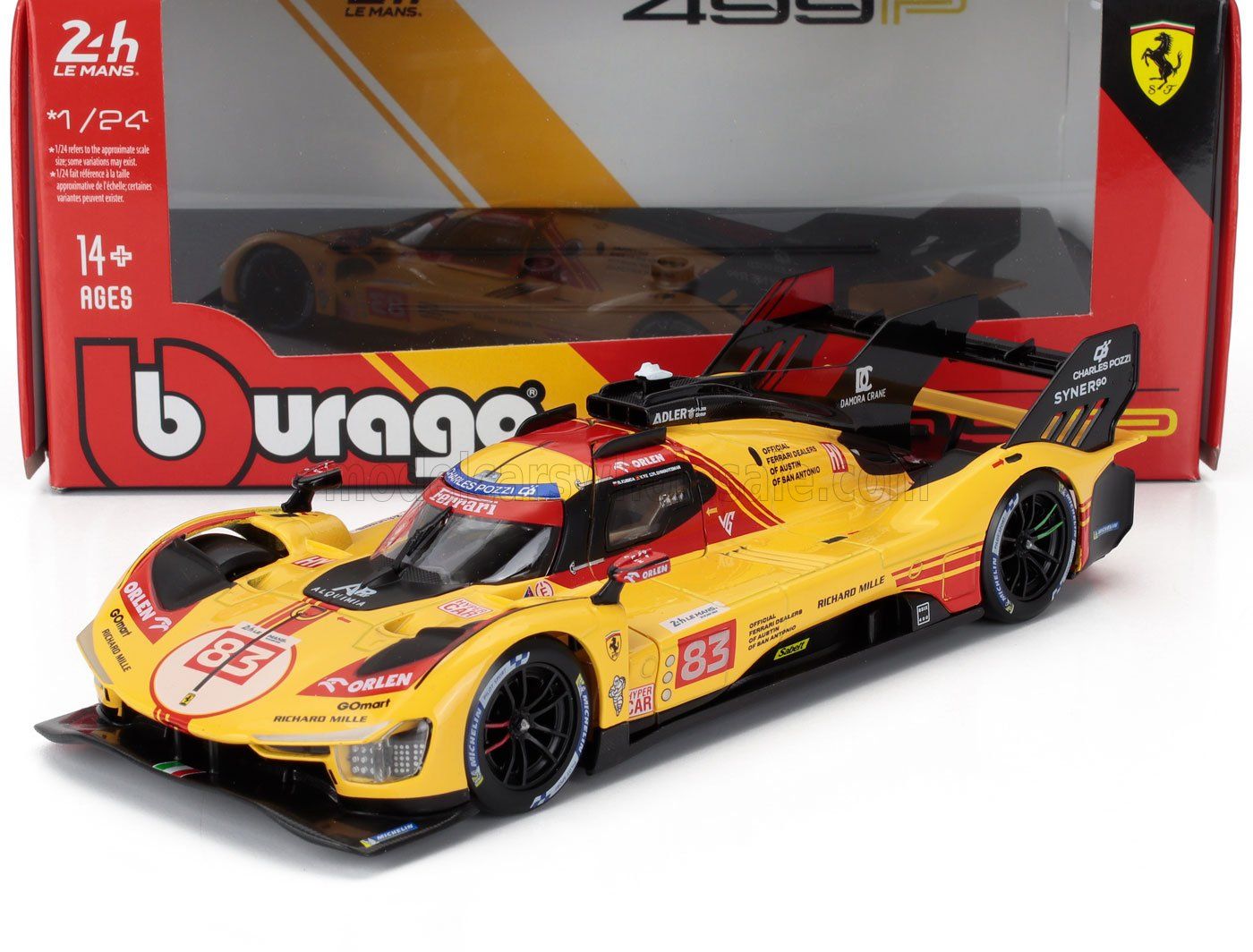 1:24 Bburago - Ferrari 499P 3.0L Turbo V6 Team AF Corse #83 24h Le Mans 2024 Robert Kubica -Robert Shwartzman - Yifei Ye - Yellow