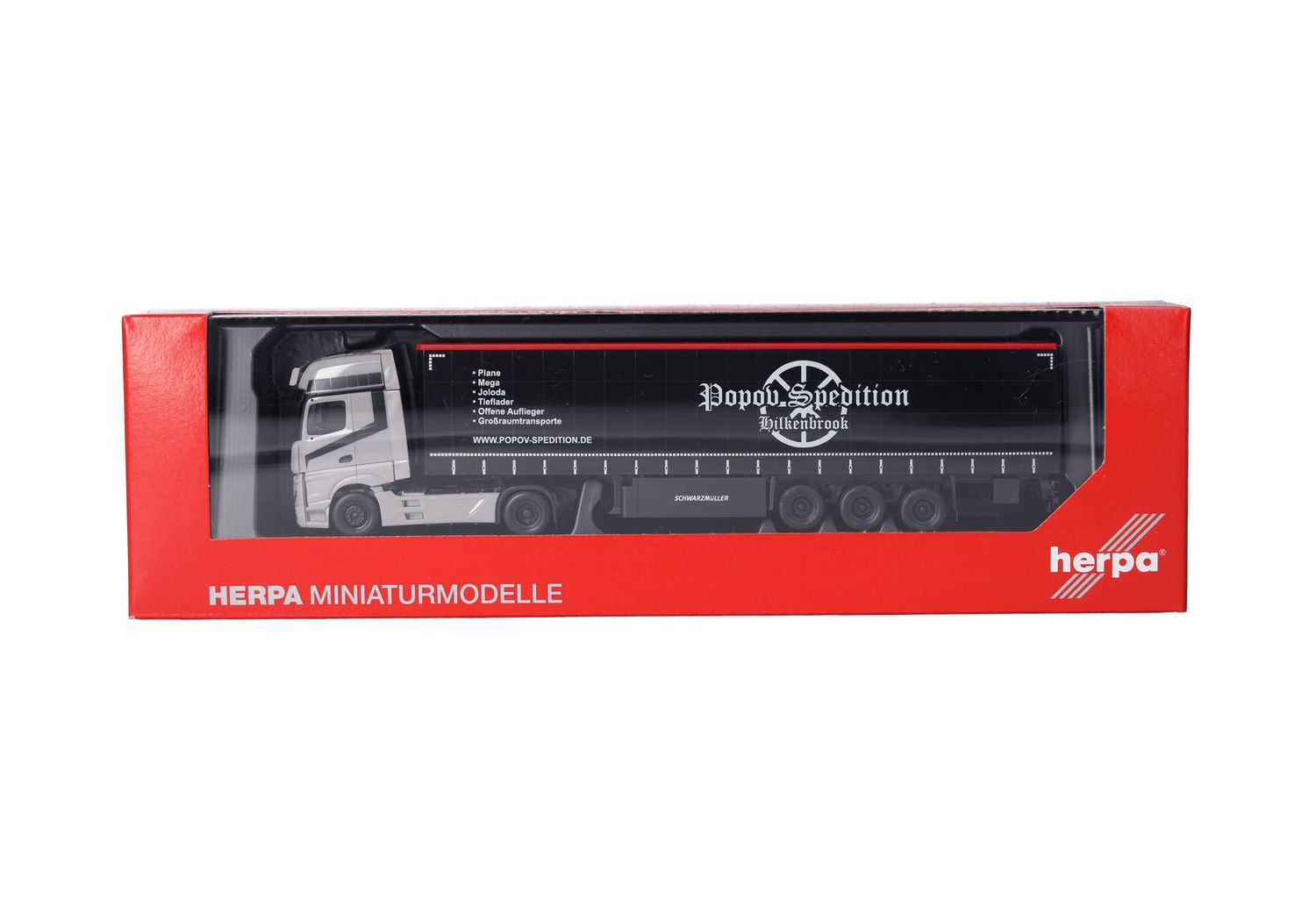 1:87 Herpa - Mercedes-Benz Actros L Gigaspace Gardinenplanen-Sattelzug "Popov Spedition"