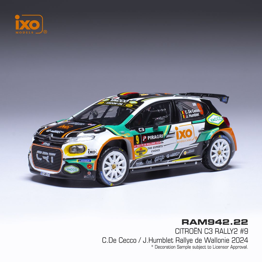 1:43 Ixo - Citroen C3 Rally2 Rally WM Rallye Wallonien 2024 #9 C.De Cecco J.Humblet