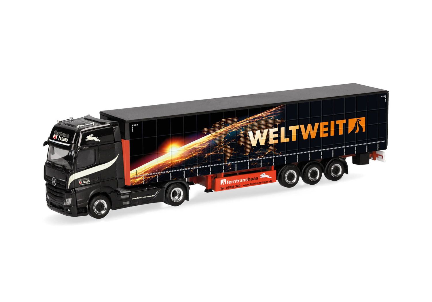 1:87 Herpa - Mercedes-Benz Actros L 18 Gigaspace Gardinenplanen-Sattelzug "Ferntrans Haas/weltweit"