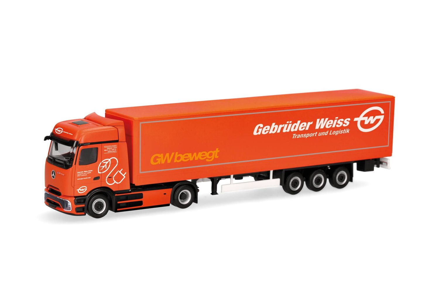 1:87 Herpa - Mercedes-Benz eActros 600 ProCabin Bigspace Planen-Sattelzug "Gebrüder Weiss" (Österreich)