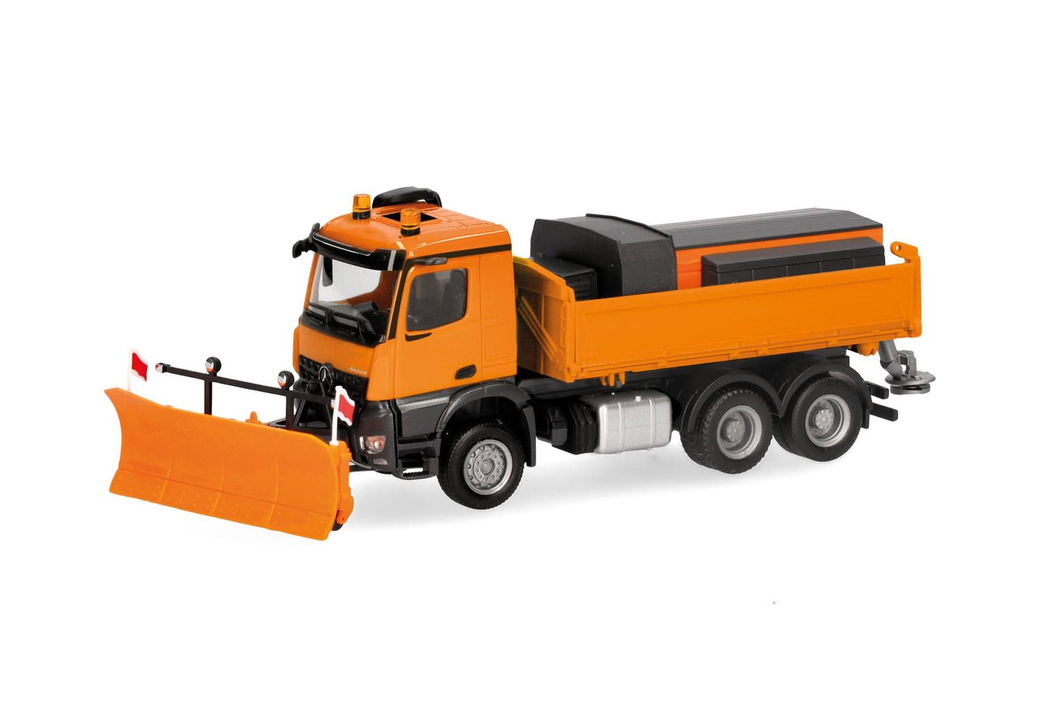 1:87 Herpa - Mercedes-Benz Arocs 18 M Dreiseitenkipper-LKW 3achs mit Streufaufbau und Schneepflug, kommunalorange