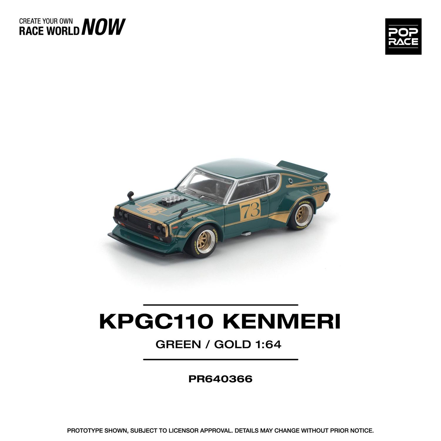 1:64 Pop Race Limited - Nissan Skyline KPGC110 Kenmaeri Racing #73, green/gold