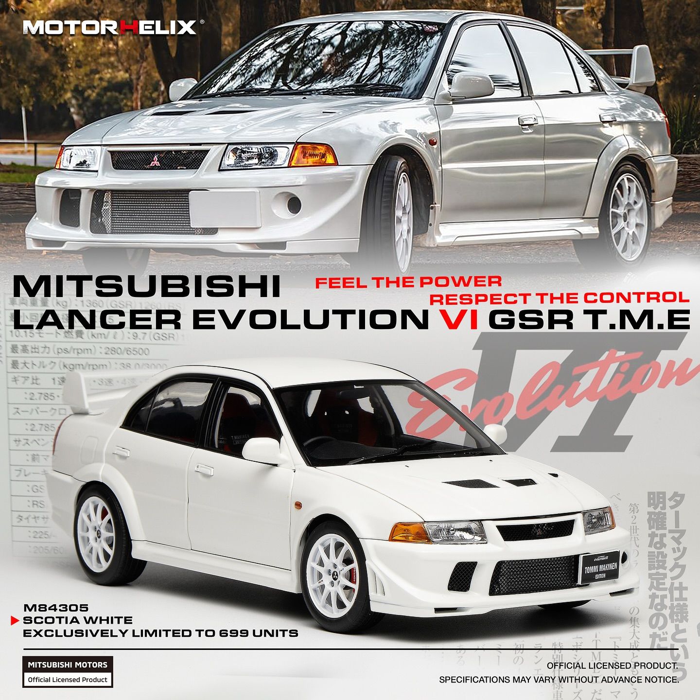 1:18 Motorhelix - 2000 Mitsubishi Lancer Evolution VI GSR T.M.E. White