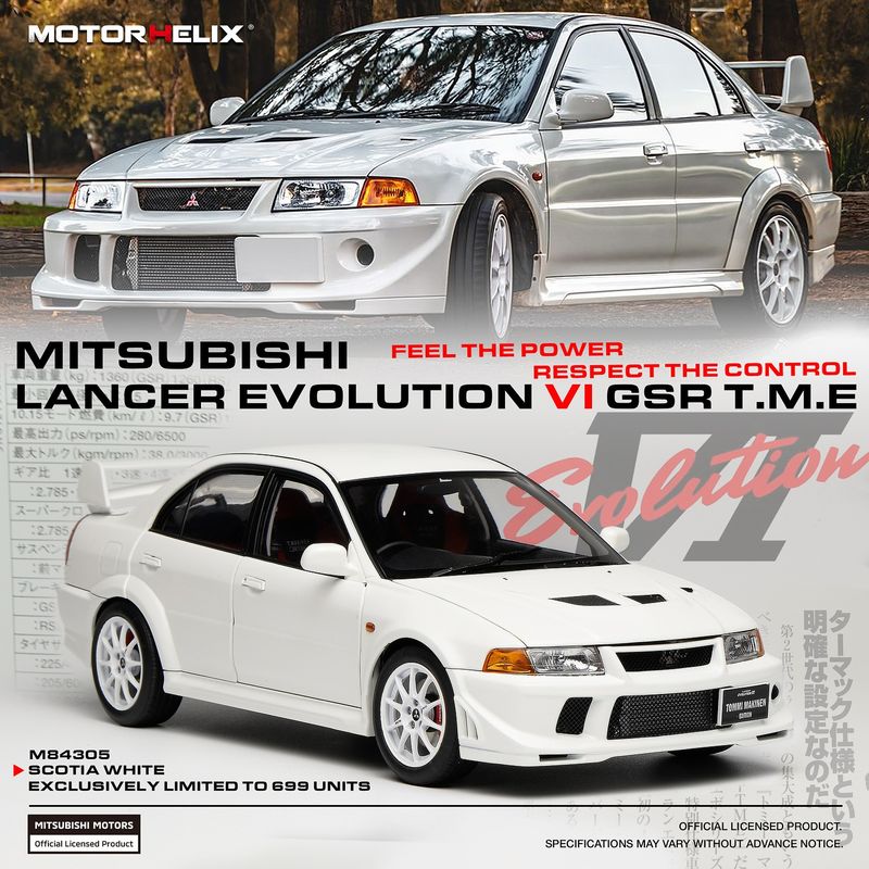 1:18 Motorhelix - 2000 Mitsubishi Lancer Evolution VI GSR T.M.E. White 1:18 Motorhelix - 2000 Mitsubishi Lancer Evolution VI GSR T.M.E. White