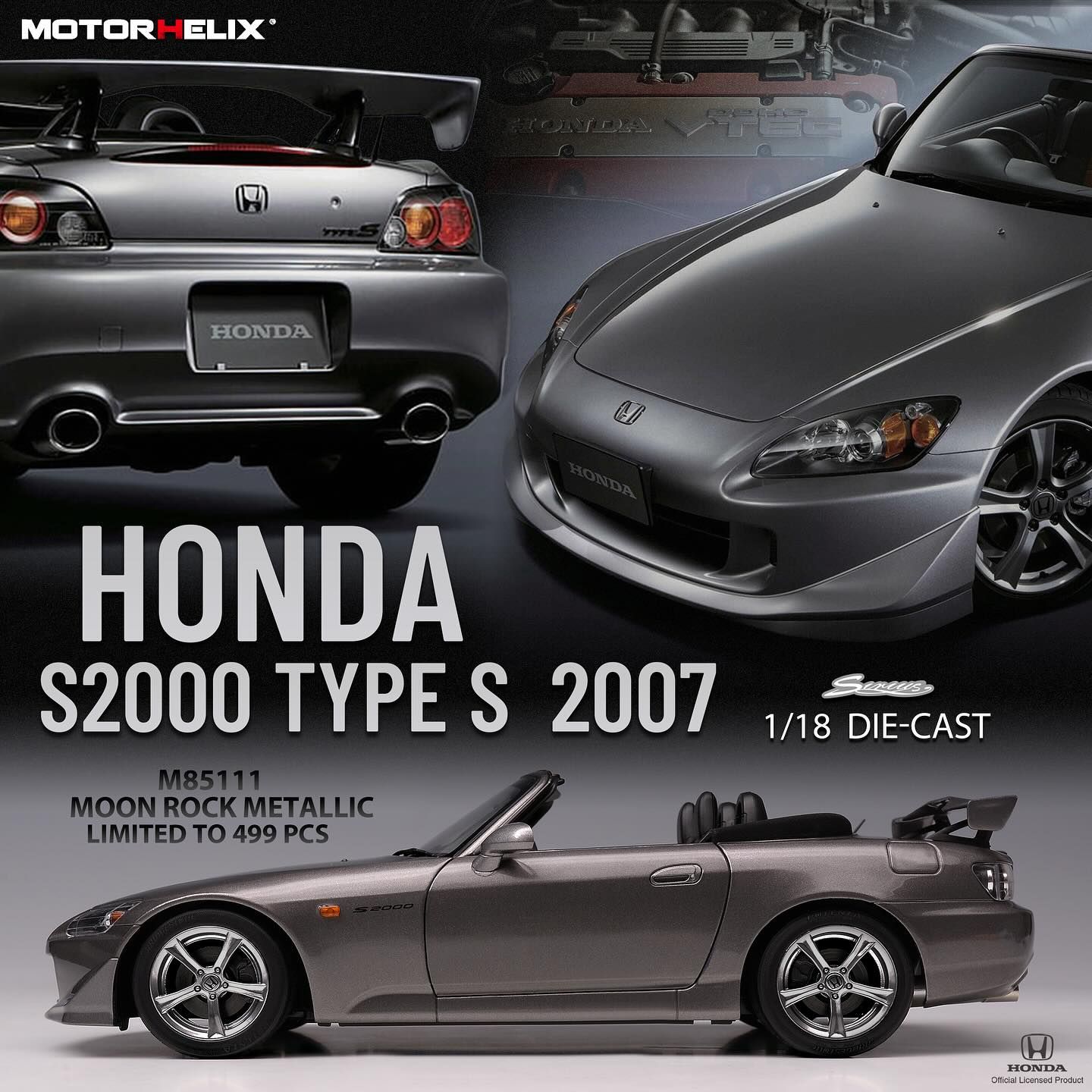 1:18 Motorhelix - 2007 Honda S2000 Type S Hard Top Grey Metallic *Withe Extra Engine & Accessories*