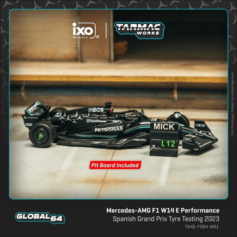 1:64 Tarmac - 2023 Mercedes-AMG F1 W14 E Performance Mick Schumacher Spanish Grand Prix Tyre Testing with pit board