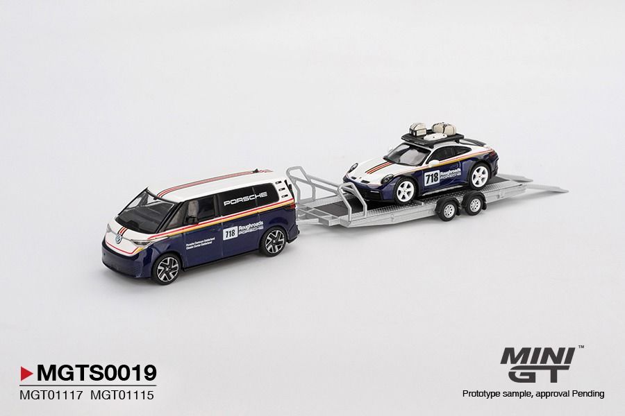 1:64 Mini GT - 2025 Porsche 911 Dakar #718 with Volkswagen ID. Buzz Porsche Centrum Gelderland Roughroads