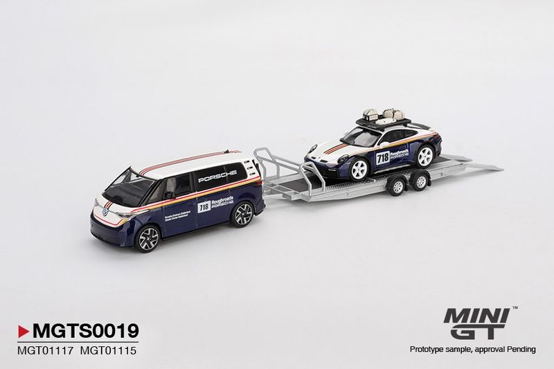 1:64 Mini GT - 2025 Porsche 911 Dakar #718 with Volkswagen ID. Buzz Porsche Centrum Gelderland Roughroads