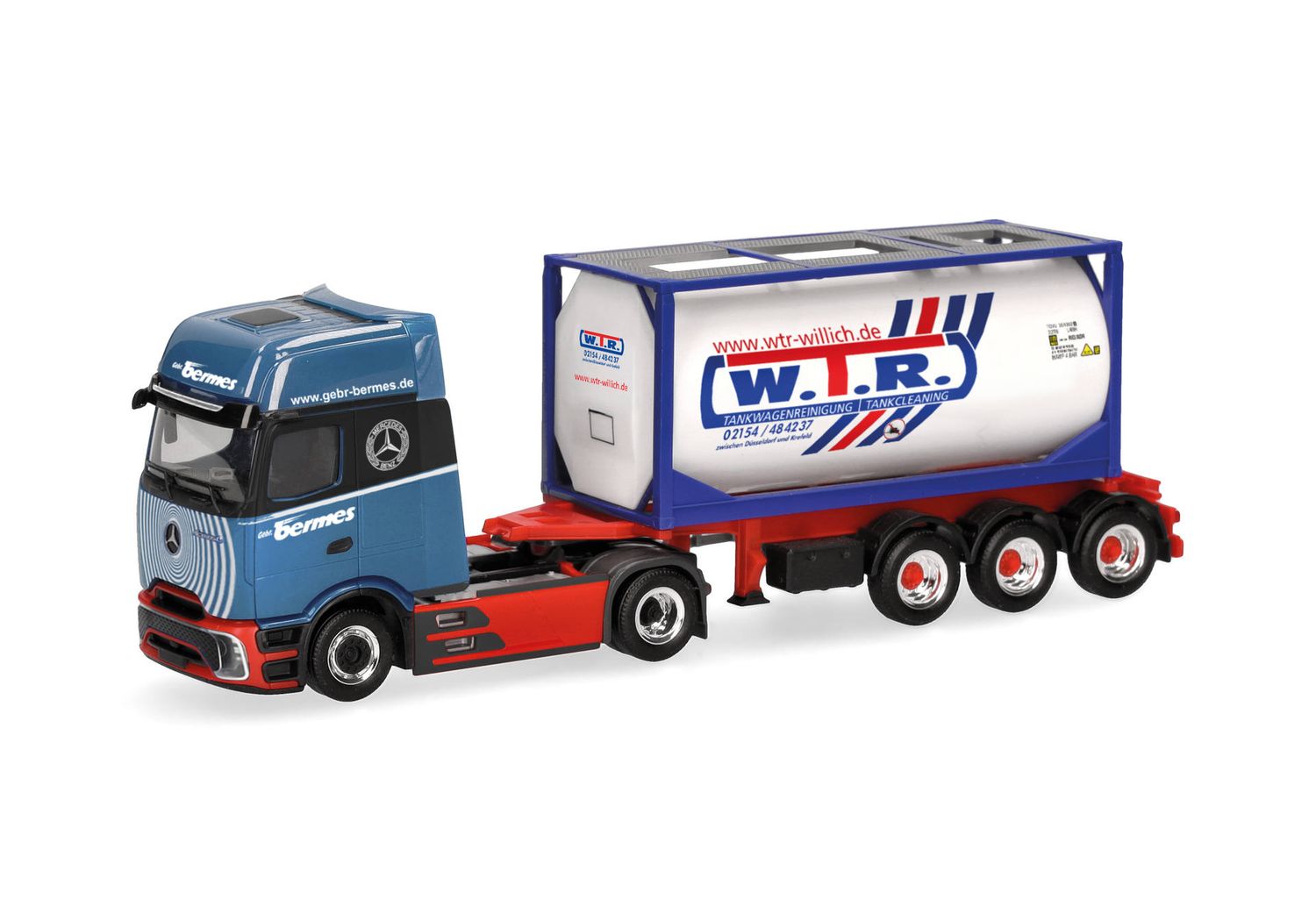 1:87 Herpa - Mercedes-Benz Actros L ProCabin Gigaspace 20ft Tankcontainer-Sattelzug  1:87 Herpa - Mercedes-Benz Actros L ProCabin Gigaspace 20ft Tankcontainer-Sattelzug "Bermes"