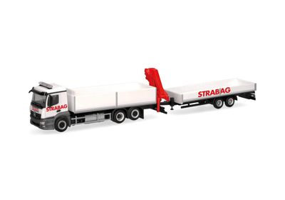 1:87 Herpa - Mercedes-Benz Actros M Baustoff-LKW mit Kran und Tieflade-Anhänger 1:87 Herpa - Mercedes-Benz Actros M Baustoff-LKW mit Kran und Tieflade-Anhänger "STRABAG" (Österreich)