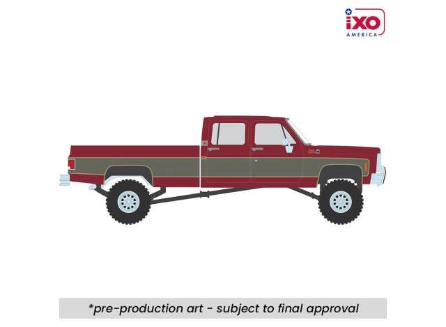 1:64 Ixo USA - 1977 GMC Sierra Grande K2500 Crew Cab Wideside, dark red metallic/silver special two-tone Lifted