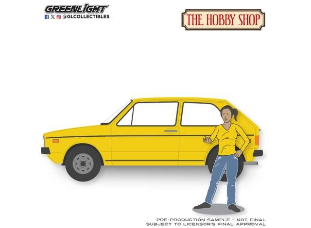 1:64 Greenlight - 1977 Volkswagen Rabbit *The Hobby Shop Series 17*, Riyad yellow with Female Customer