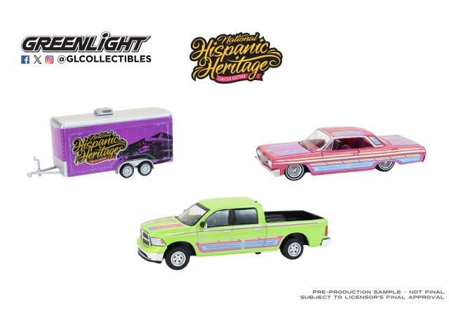 1:64 Greenlight - 2014 Ram 1500 with 1964 Chevrolet Impala Lowrider in Enclosed Hauler - Hispanic Heritage Month Tribute *Hitch & Tow*