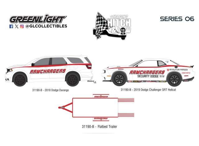 1:64 Greenlight - 2018 Dodge Durango and 2016 Dodge Challenger R-T Hemi with Aerovault MII Trailer *Racing Hitch & Tow Series 6*