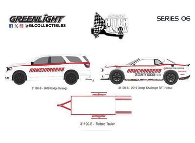 1:64 Greenlight - 2018 Dodge Durango and 2016 Dodge Challenger R-T Hemi with Aerovault MII Trailer *Racing Hitch & Tow Series 6*